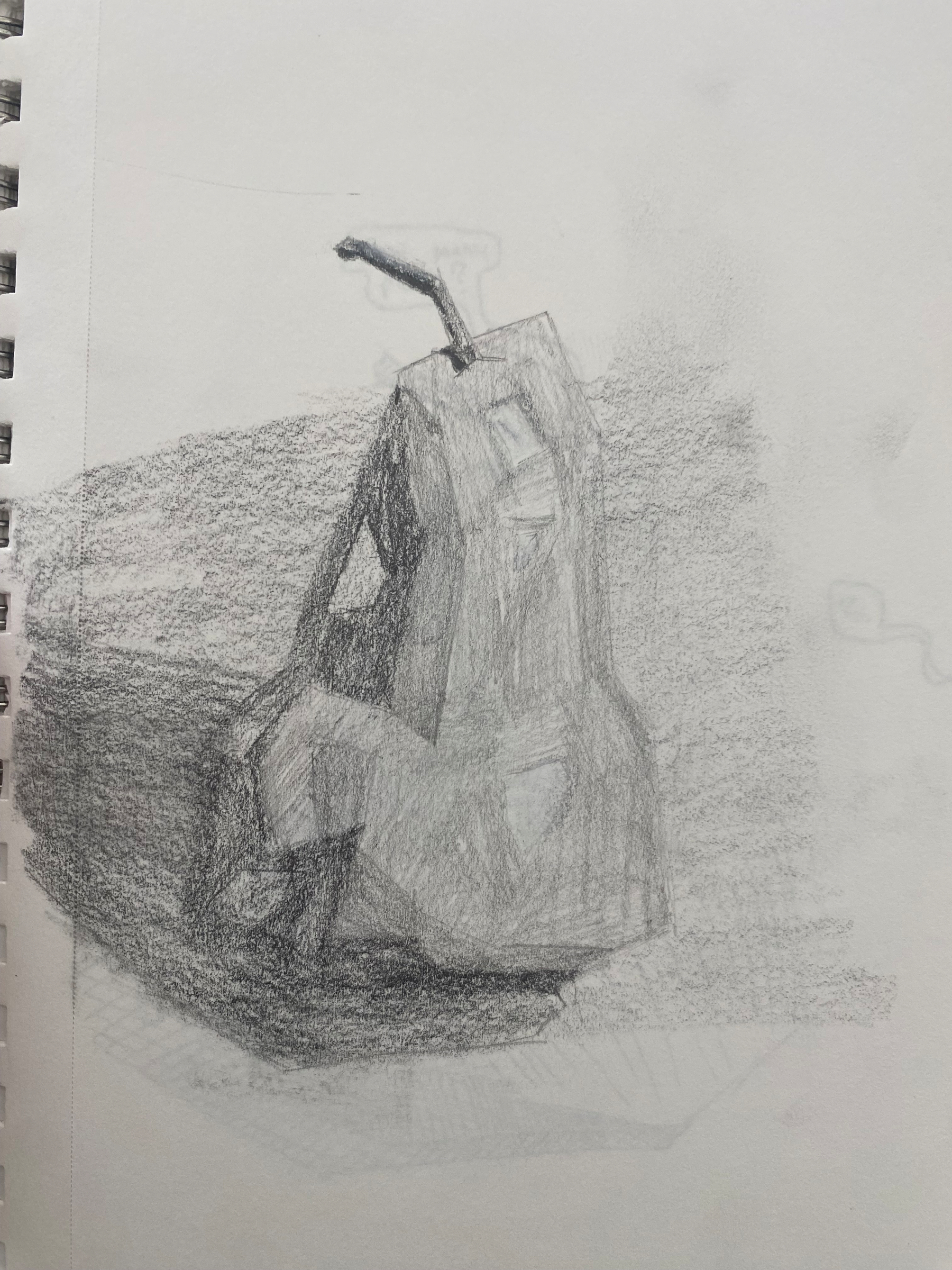 Auto-generated description: A sketch depicts a pear with a stem on a textured surface, emphasizing shading and light.