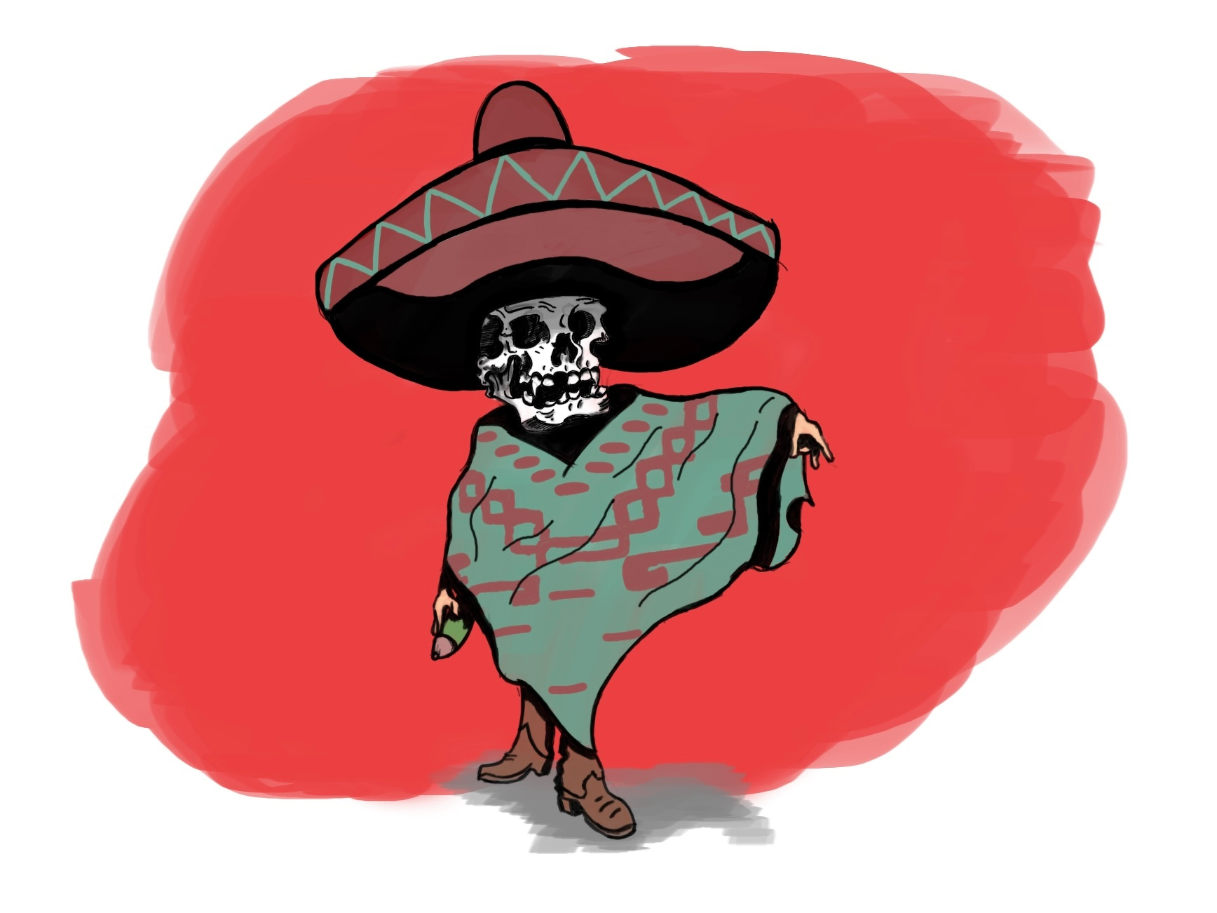 Auto-generated description: A skeleton wearing a large sombrero and a patterned poncho stands against a red background.
