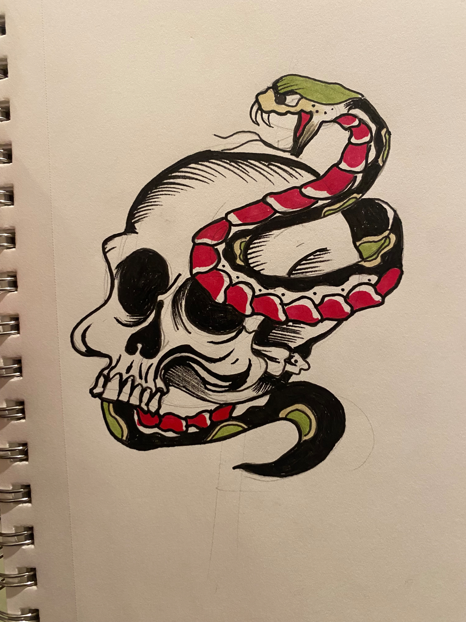 Auto-generated description: A colorful snake is intertwined with a skull in this artistic drawing.