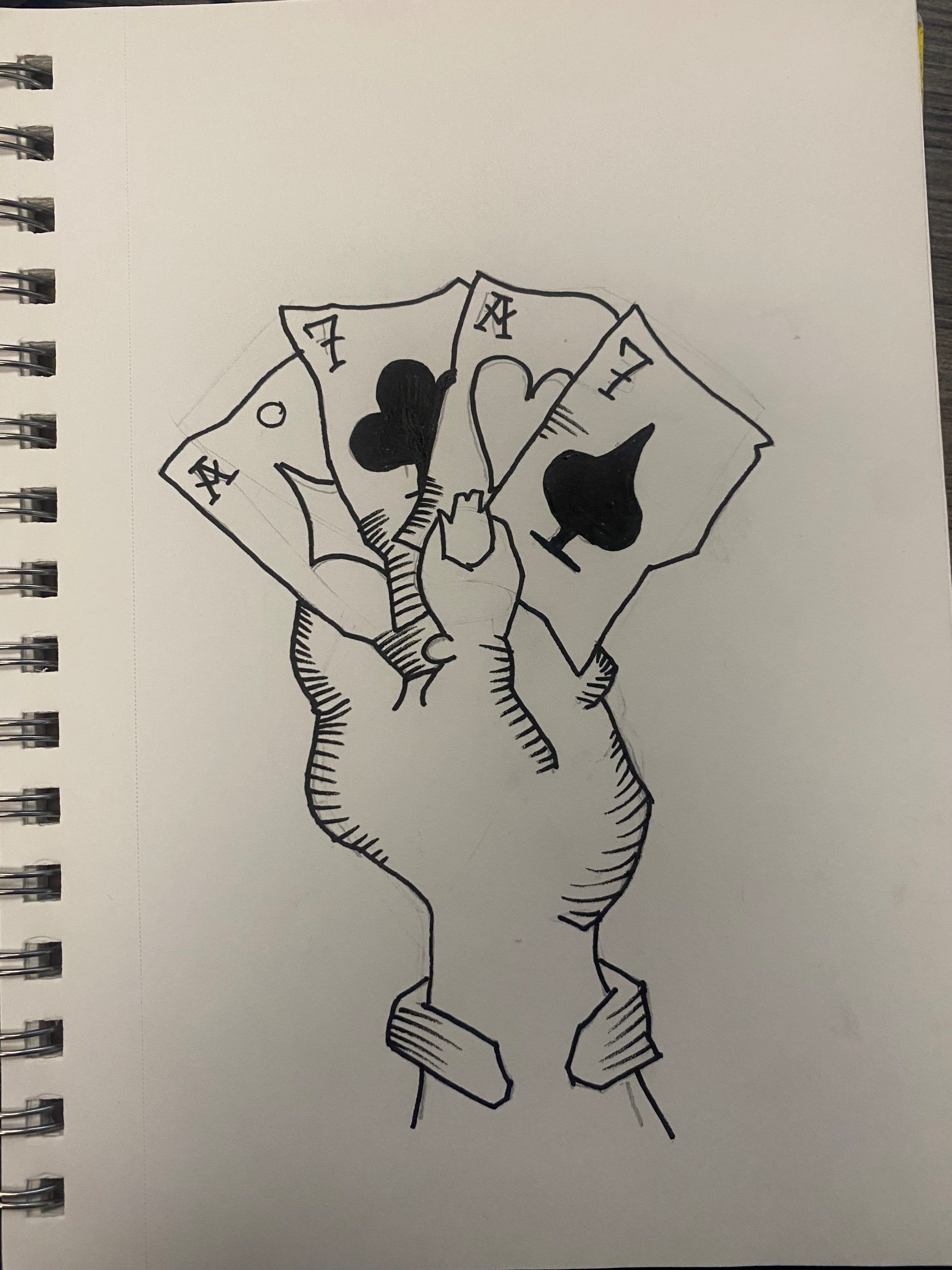 Auto-generated description: A hand holding three playing cards, showing the ace and seven of clubs and the ace of spades, is sketched in black ink.