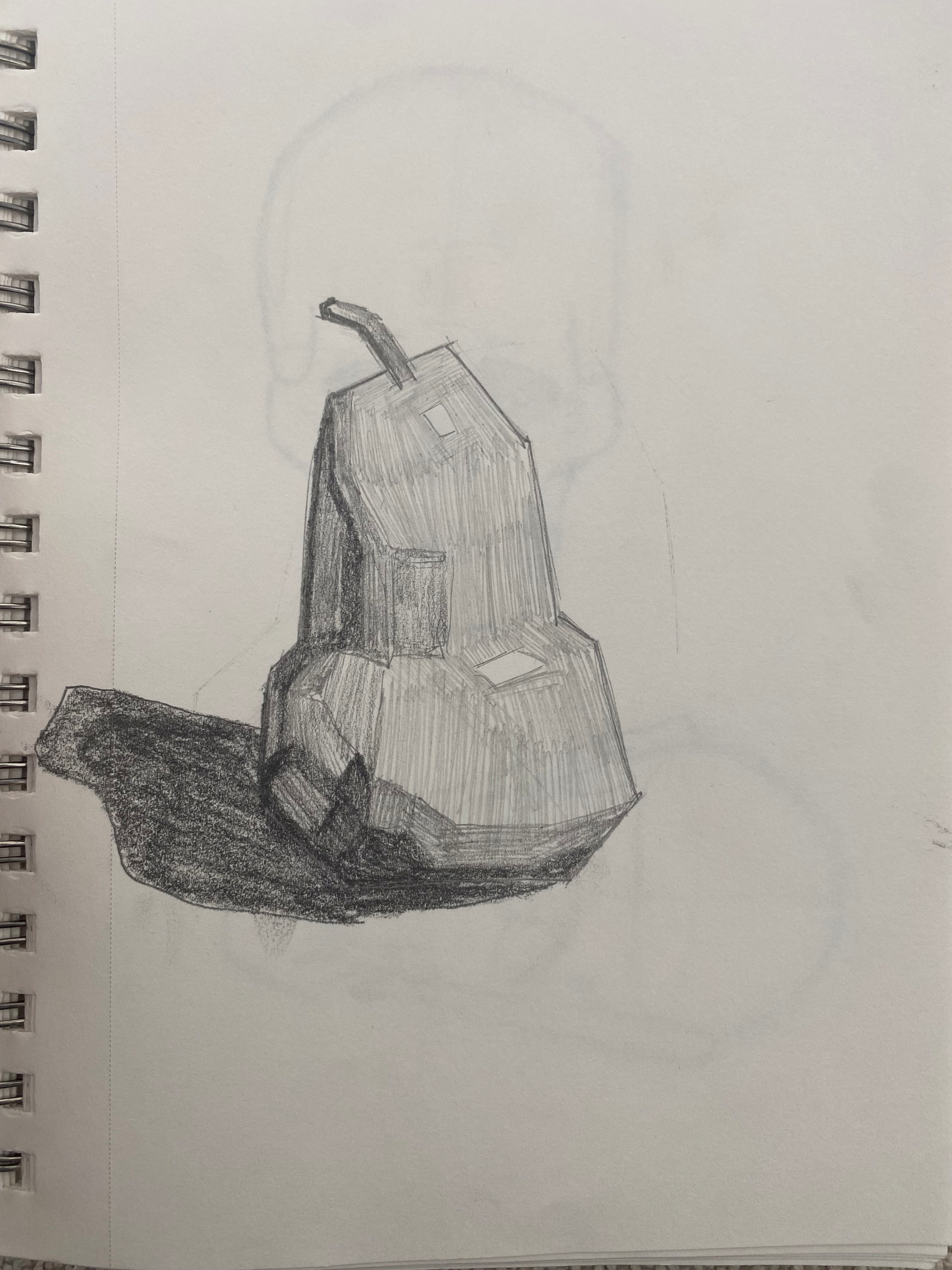 Auto-generated description: A pencil sketch depicts a geometric, low-poly style pear casting a shadow on a sketchpad.